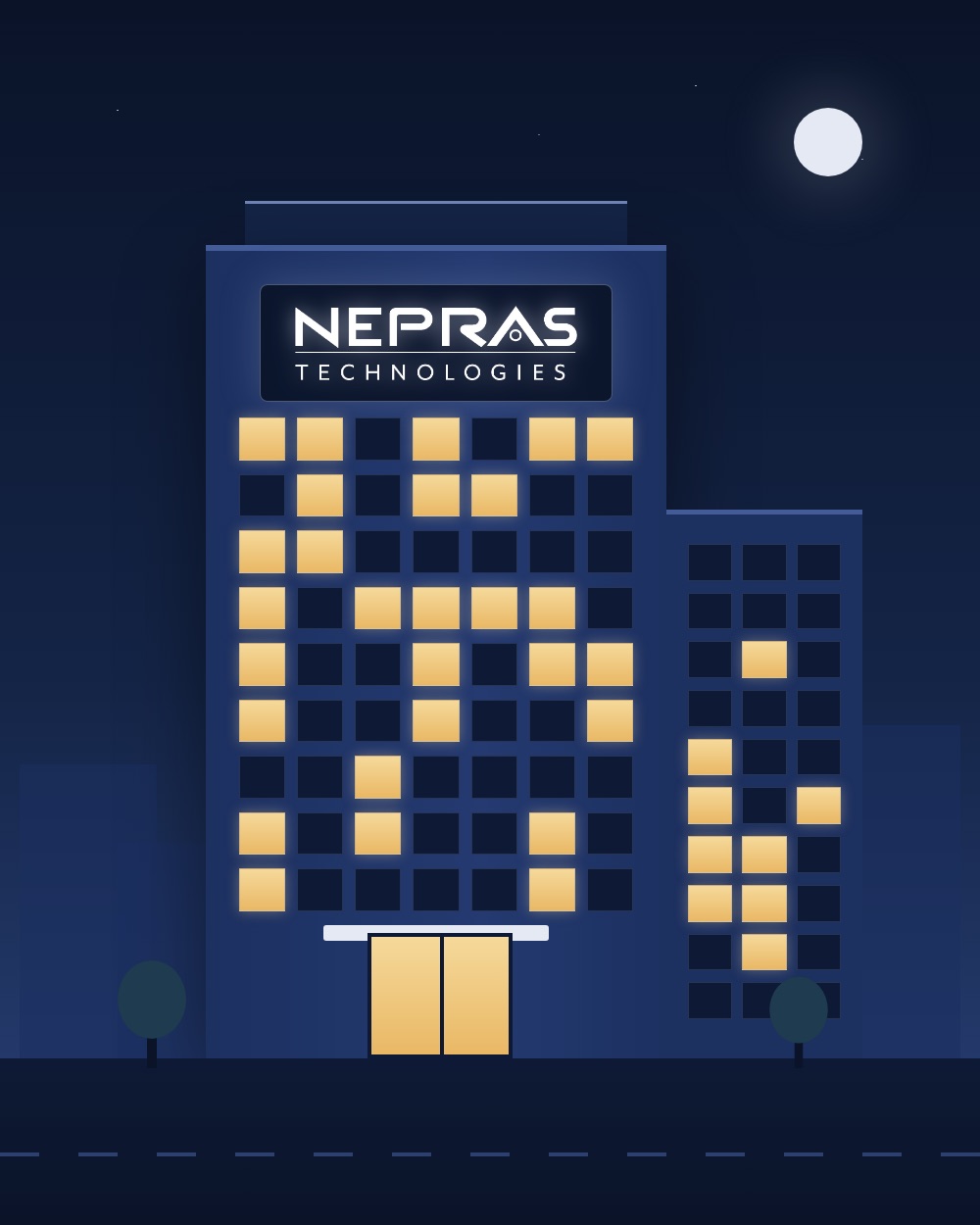 Illustration of an office building with the Nepras Technologies sign on its façade